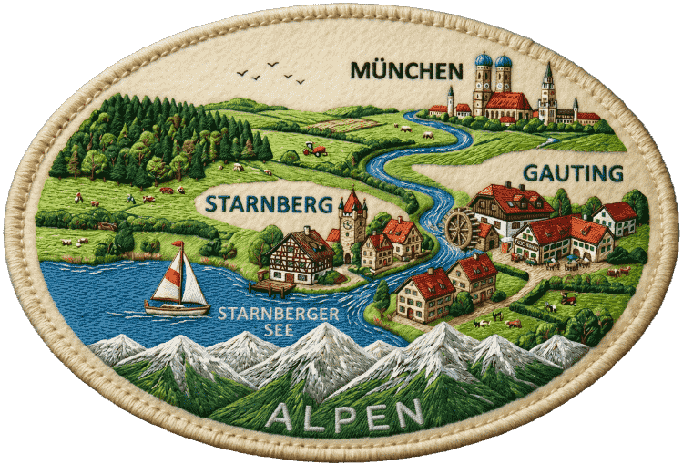 Lage Hotel Alpenhof Gauting – Aufnäher mit München, Gauting, Starnberger See und Alpen